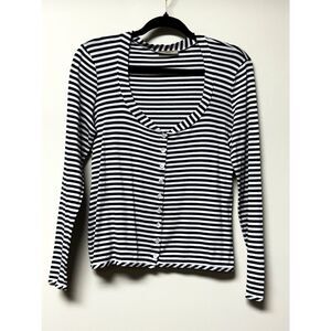 BURBERRY LONDON Classic Navy/White Striped Scoop Neck Long Sleeve Top, Sz M
